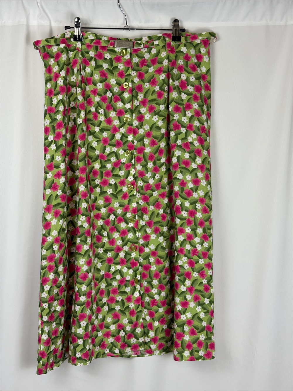 Vtg Sag Harbor Petite Large PL Floral Maxi Skirt Button Front Green Pink Belted